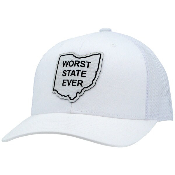 white trucker hat with Ohio Worst State Ever dimpled patch